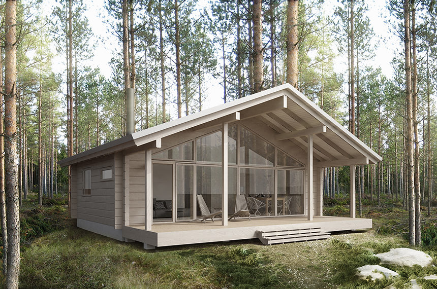 Sirius is a modern log cabin featuring a front elevation made entirely of glass.