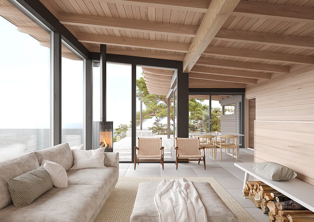 A harmonious design is enabled by Honka Frame’s pillar-beam structure, which allows the flexible bending of wood into the desired shapes. For example, you can create a large open wall with sliding glass doors and enjoy plenty of natural light, or add sophisticated details to the interior with impressive ceiling beams and beautiful wooden joints.
