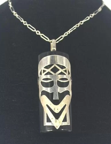 Sterling Silver Tribal Mask and Black Onyx Healing Stone Powerful Pendant